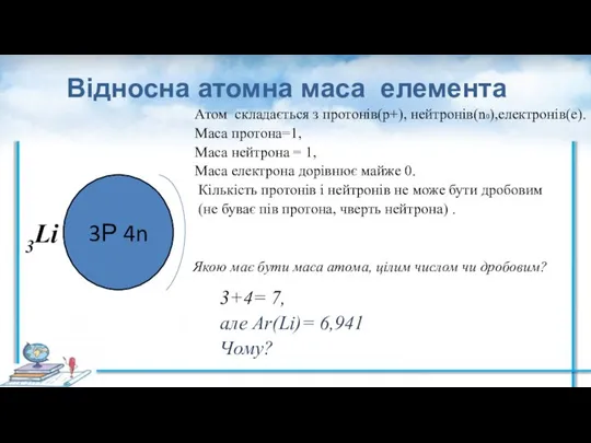 Відносна атомна маса елемента 3Р 4n 3Li 3+4= 7, але Аr(Li)= 6,941