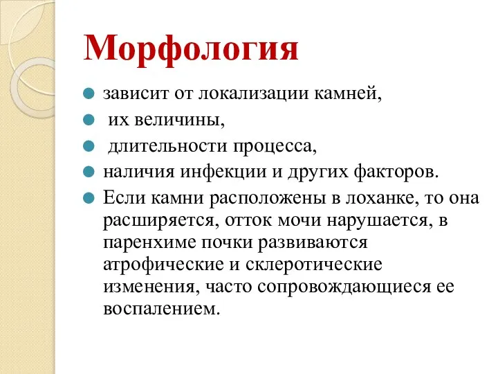 Морфология зависит от локализации камней, их величины, длительности процесса, наличия инфекции и