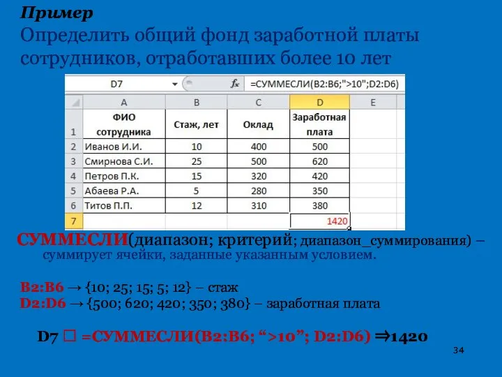 Пример Определить общий фонд заработной платы сотрудников, отработавших более 10 лет СУММЕСЛИ(диапазон;