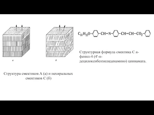 Структурная формула смектика С п-фенил-4 (4'-н-децилоксибензилиденамино) циннамата. Структура смектиков А (а) и нехиральных смектиков С (б)