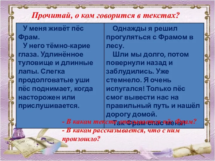 Прочитай, о ком говорится в текстах? - В каком тексте описывается пёс