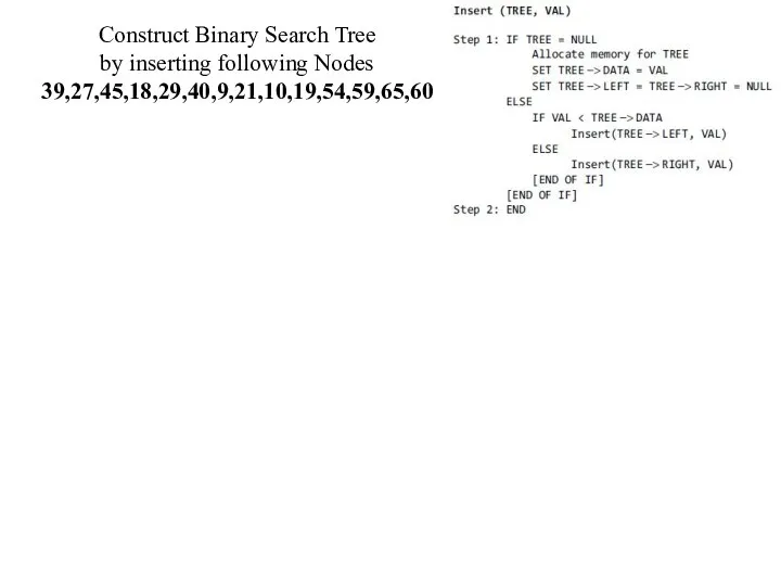 Construct Binary Search Tree by inserting following Nodes 39,27,45,18,29,40,9,21,10,19,54,59,65,60
