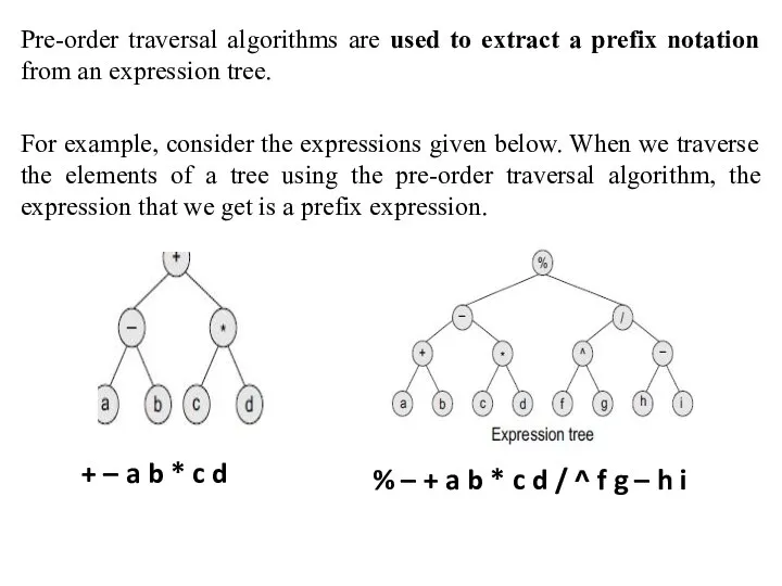 Pre-order traversal algorithms are used to extract a prefix notation from an