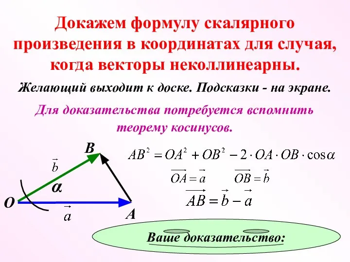 Докажем формулу скалярного произведения в координатах для случая, когда векторы неколлинеарны. Желающий