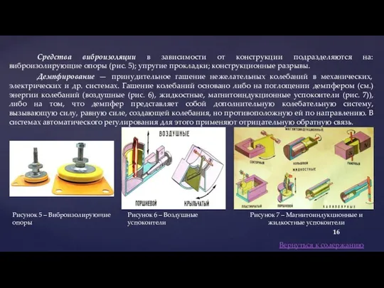 Средства виброизоляции в зависимости от конструкции подразделяются на: виброизолирующие опоры (рис. 5);