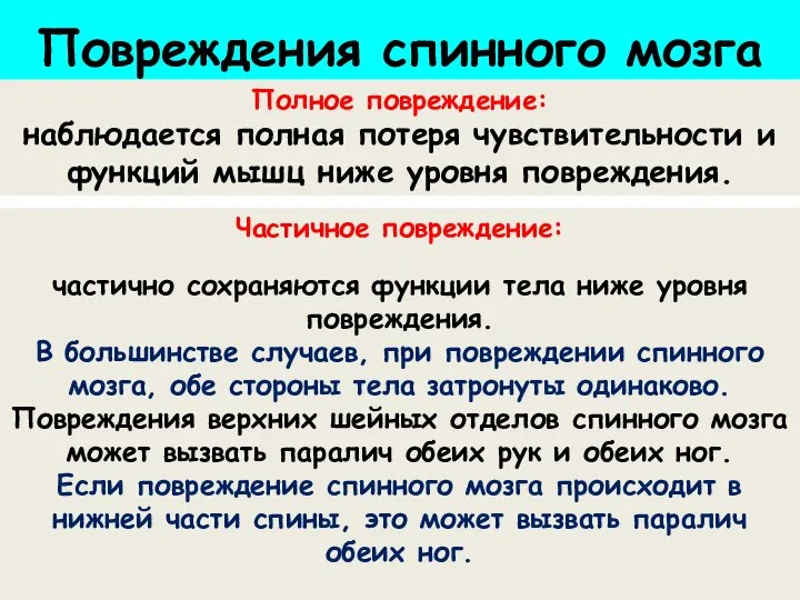 Повреждения спинного мозга Полное повреждение: наблюдается полная потеря чувствительности и функций мышц