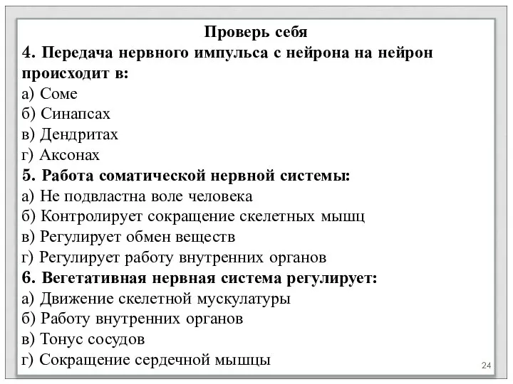 Проверь себя 4. Передача нервного импульса с нейрона на нейрон происходит в: