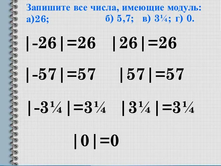 Запишите все числа, имеющие модуль: а)26; |-26|=26 |26|=26 б) 5,7; |-57|=57 |57|=57