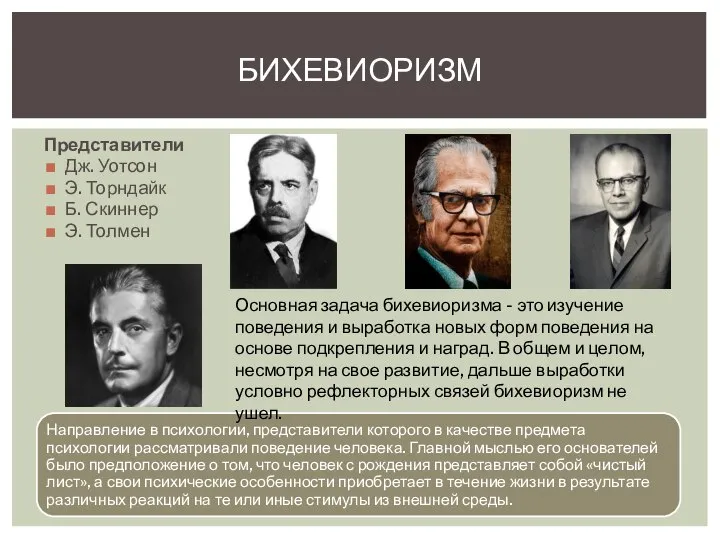 Представители Дж. Уотсон Э. Торндайк Б. Скиннер Э. Толмен БИХЕВИОРИЗМ Основная задача