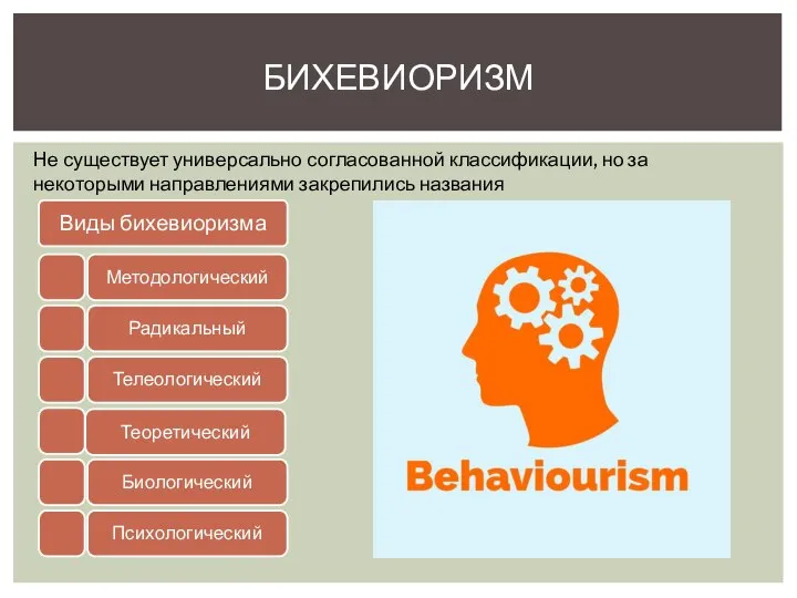 БИХЕВИОРИЗМ Не существует универсально согласованной классификации, но за некоторыми направлениями закрепились названия