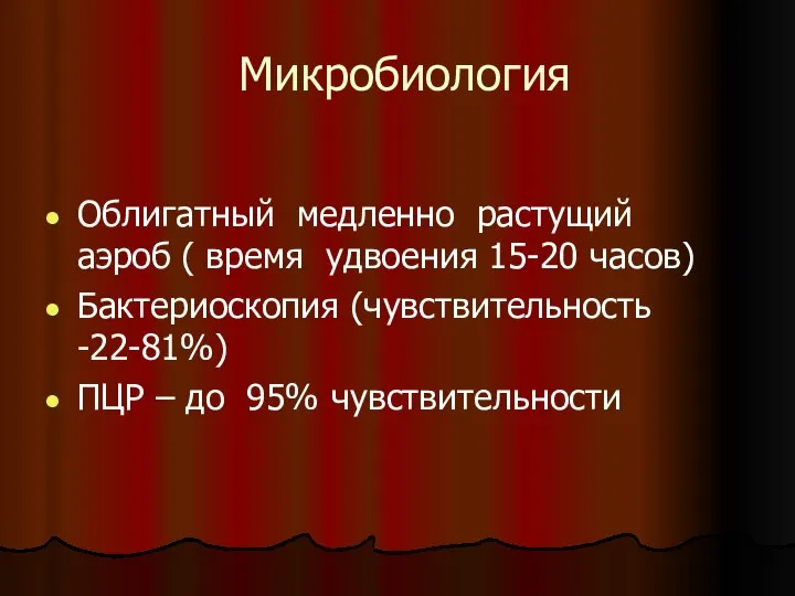 Микробиология Облигатный медленно растущий аэроб ( время удвоения 15-20 часов) Бактериоскопия (чувствительность