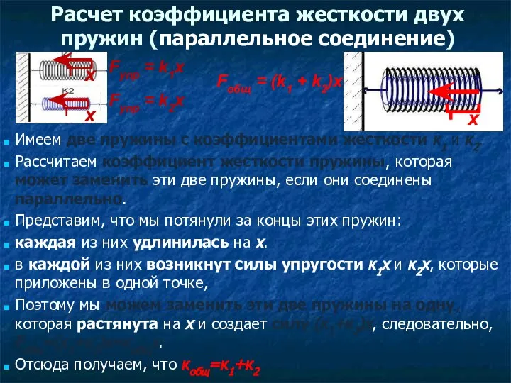 Расчет коэффициента жесткости двух пружин (параллельное соединение) Имеем две пружины с коэффициентами