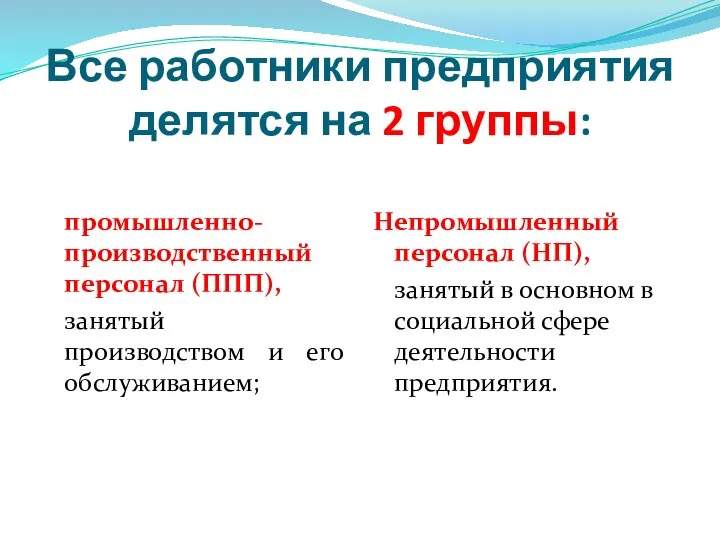 Все работники предприятия делятся на 2 группы: промышленно-производственный персонал (ППП), занятый производством