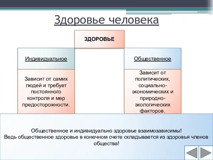 Здоровье человека ЗДОРОВЬЕ Индивидуальное Общественное Зависит от самих людей и требует постоянного