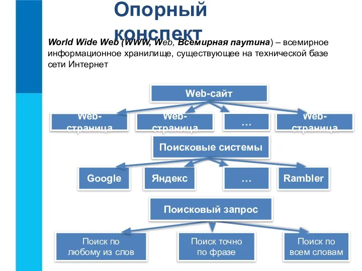 World Wide Web (WWW, Web, Всемирная паутина) – всемирное информационное хранилище, существующее