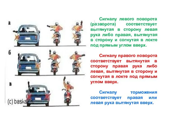 Сигналу левого поворота (разворота) соответствует вытянутая в сторону левая рука либо правая,