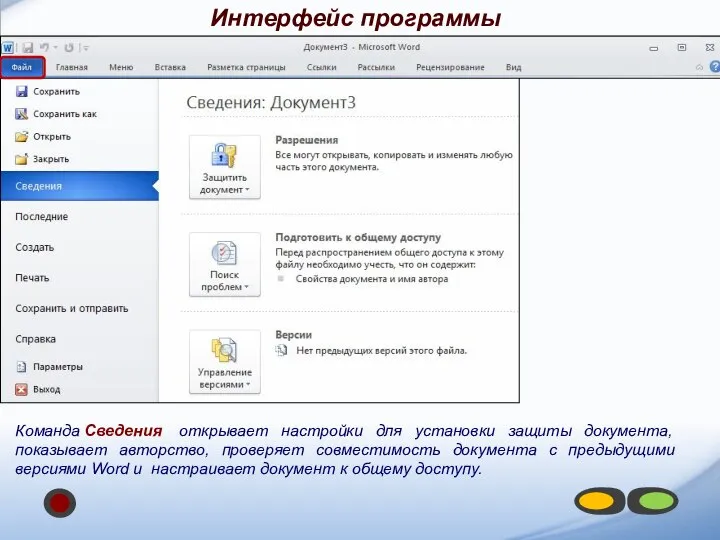 Команда Сведения открывает настройки для установки защиты документа, показывает авторство, проверяет совместимость