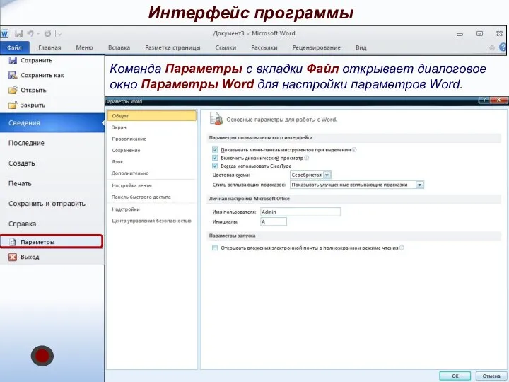 Команда Параметры с вкладки Файл открывает диалоговое окно Параметры Word для настройки параметров Word. Интерфейс программы