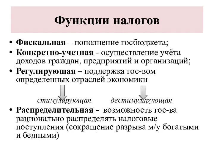 Функции налогов Фискальная – пополнение госбюджета; Конкретно-учетная - осуществление учёта доходов граждан,