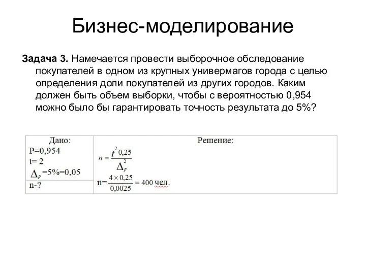 Бизнес-моделирование Задача 3. Намечается провести выборочное обследование покупателей в одном из крупных