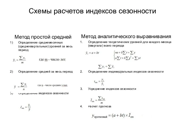 Схемы расчетов индексов сезонности Метод простой средней Определение среднемесячных (среднеквартальных) уровней за