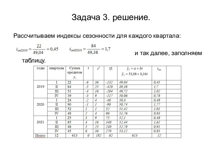 Задача 3. решение. Рассчитываем индексы сезонности для каждого квартала: и так далее, заполняем таблицу.