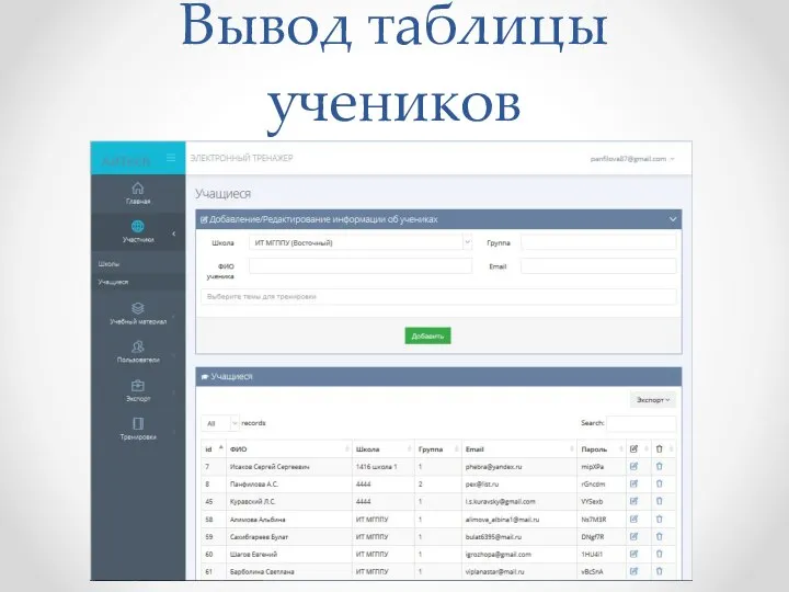 Вывод таблицы учеников