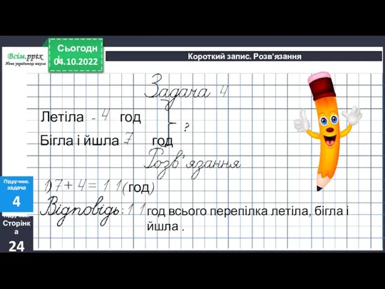 04.10.2022 Сьогодні Короткий запис. Розв'язання Підручник. Сторінка 24 Підручник. задача 4 )