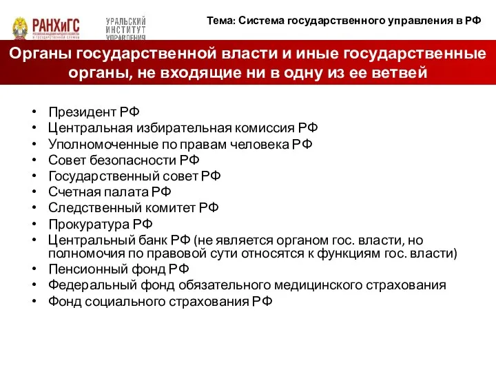 Президент РФ Центральная избирательная комиссия РФ Уполномоченные по правам человека РФ Совет