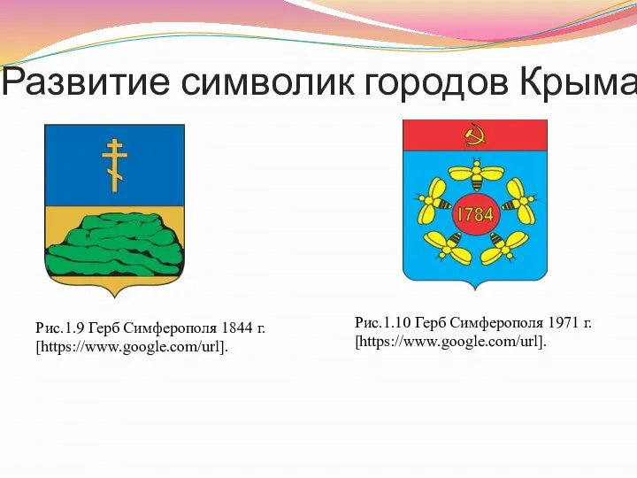 Развитие символик городов Крыма Рис.1.9 Герб Симферополя 1844 г. [https://www.google.com/url]. Рис.1.10 Герб Симферополя 1971 г. [https://www.google.com/url].