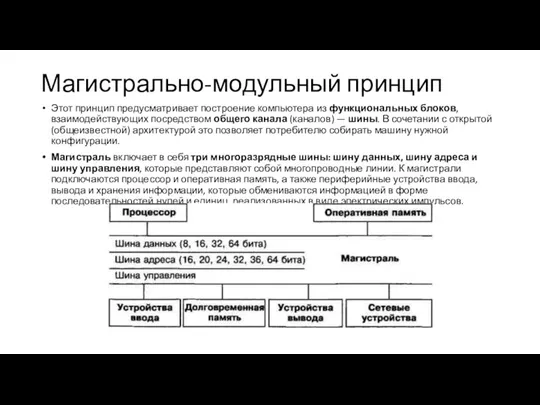 Магистрально-модульный принцип Этот принцип предусматривает построение компьютера из функциональных блоков, взаимодействующих посредством