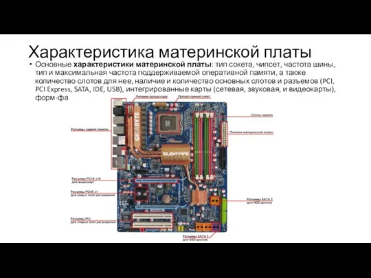 Характеристика материнской платы Основные характеристики материнской платы: тип сокета, чипсет, частота шины,