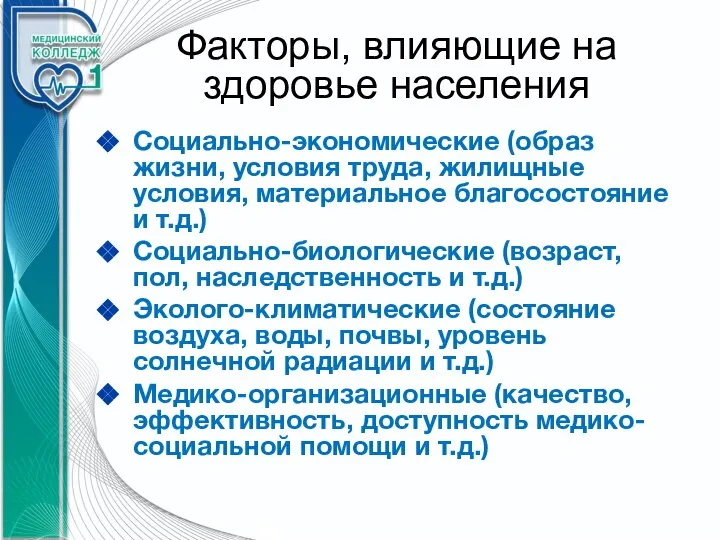 Факторы, влияющие на здоровье населения Социально-экономические (образ жизни, условия труда, жилищные условия,