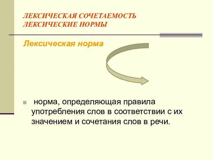 ЛЕКСИЧЕСКАЯ СОЧЕТАЕМОСТЬ ЛЕКСИЧЕСКИЕ НОРМЫ Лексическая норма норма, определяющая правила употребления слов в