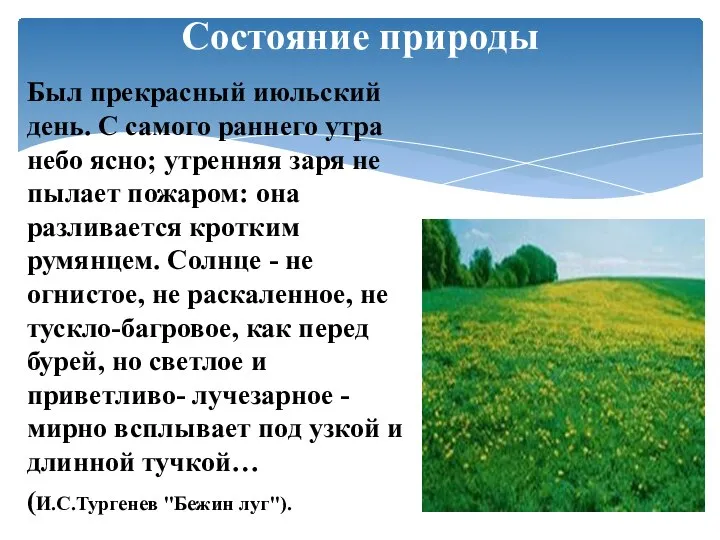 Состояние природы Был прекрасный июльский день. С самого раннего утра небо ясно;