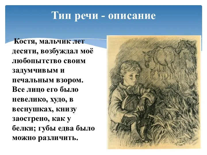 Тип речи - описание Костя, мальчик лет десяти, возбуждал моё любопытство своим