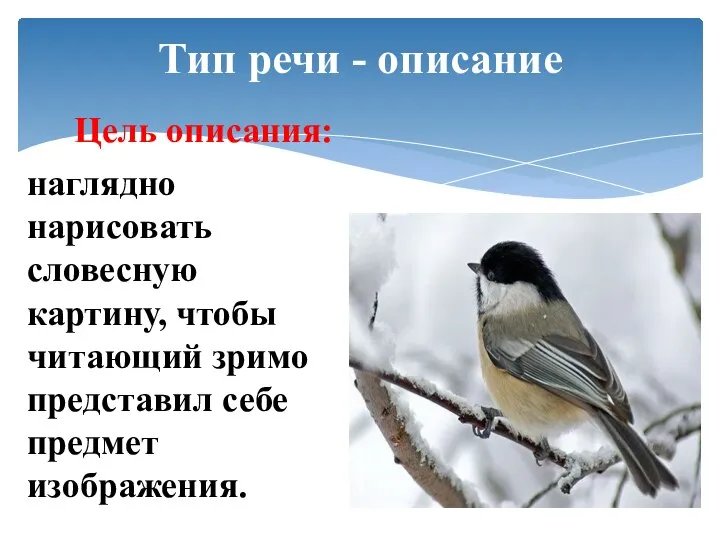 Тип речи - описание Цель описания: наглядно нарисовать словесную картину, чтобы читающий