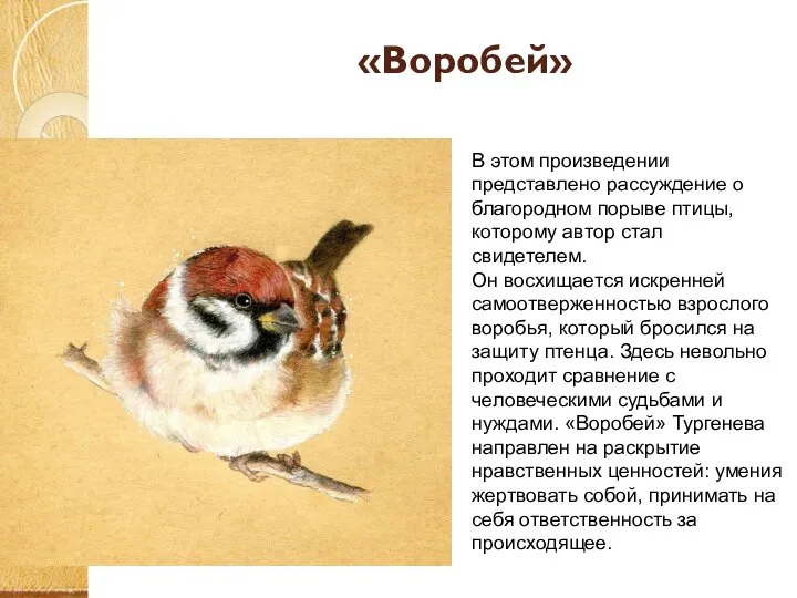 «Воробей» В этом произведении представлено рассуждение о благородном порыве птицы, которому автор