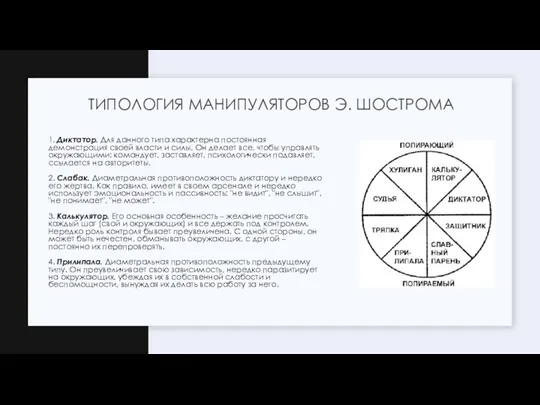 1. Диктатор. Для данного типа характерна постоянная демонстрация своей власти и силы.