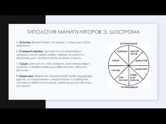 5. Хулиган. Воздействует на людей с помощью угроз, агрессии. 6. Славный парень.