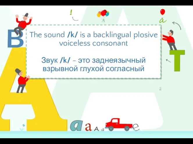 The sound /k/ is a backlingual plosive voiceless consonant Звук /k/ -