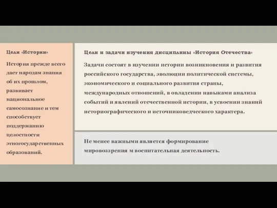 Цели и задачи изучения дисциплины «История Отечества» Задачи состоят в изучении истории