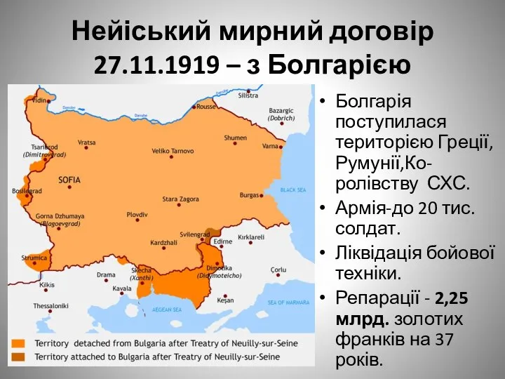 Нейіський мирний договір 27.11.1919 – з Болгарією Болгарія поступилася територією Греції,Румунії,Ко-ролівству СХС.