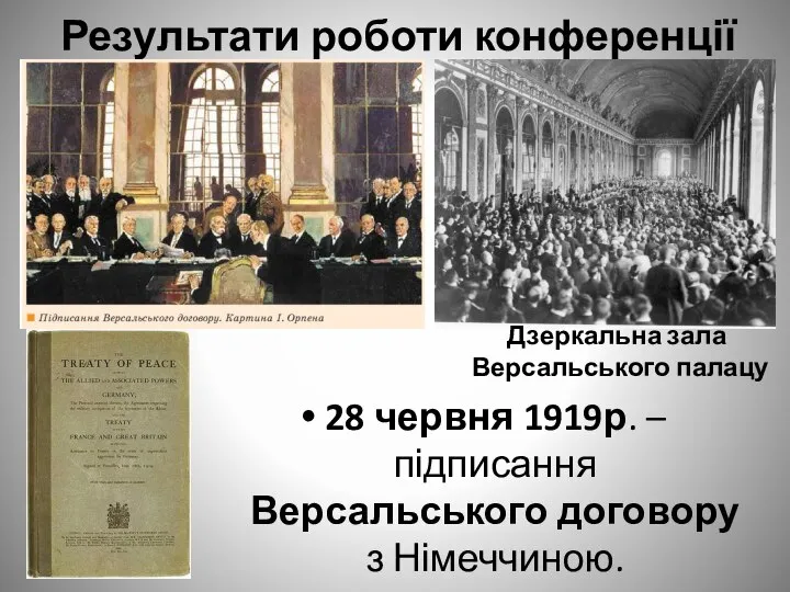 Результати роботи конференції 28 червня 1919р. –підписання Версальського договору з Німеччиною. Дзеркальна зала Версальського палацу
