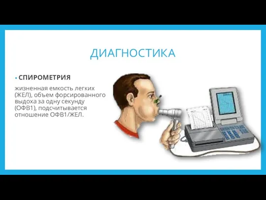 ДИАГНОСТИКА СПИРОМЕТРИЯ жизненная емкость легких (ЖЕЛ), объем форсированного выдоха за одну секунду (ОФВ1), подсчитывается отношение ОФВ1/ЖЕЛ.