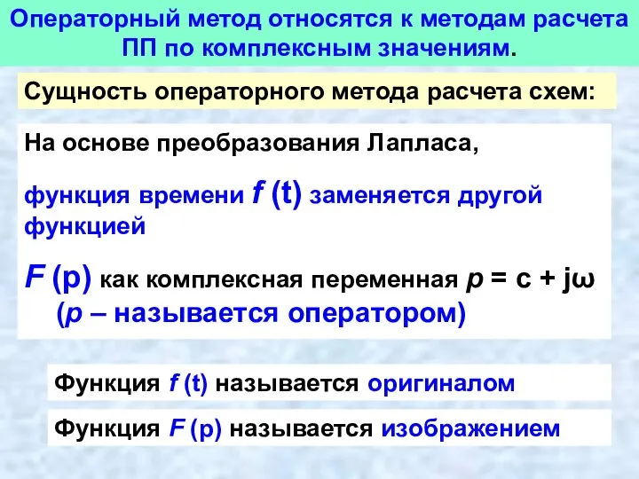 Сущность операторного метода расчета схем: На основе преобразования Лапласа, функция времени f