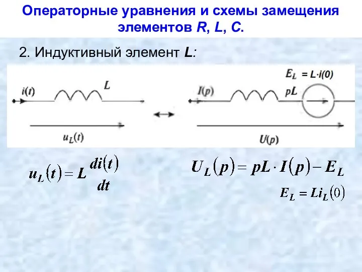 Операторные уравнения и схемы замещения элементов R, L, С. 2. Индуктивный элемент L: