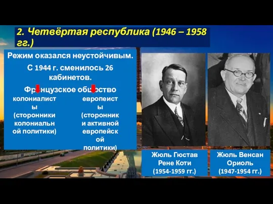 2. Четвёртая республика (1946 – 1958 гг.) Режим оказался неустойчивым. С 1944