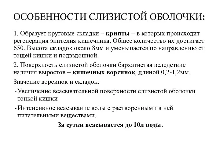 ОСОБЕННОСТИ СЛИЗИСТОЙ ОБОЛОЧКИ: 1. Образует круговые складки – крипты – в которых