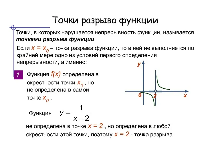 Точки разрыва функции Точки, в которых нарушается непрерывность функции, называется точками разрыва